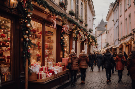 A quaint European street on Saint Nicholas Day, adorned with festive decorations and lights, shoppers carrying bags of giftsの素材