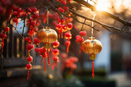 A serene scene of Chinese New Year with red lanterns, adorned with gold patterns and red tassels, hanging from a tree branch.の素材