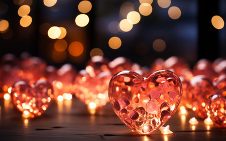A dreamy background image of heart-shaped bokeh lights in warm tones. The lights create a soft, glowing effect, ideal for a romantic and magical Valentine's Day concept banner.の素材