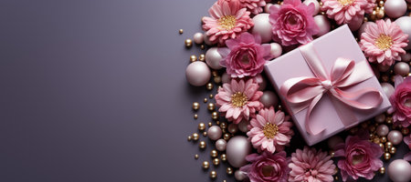 Valentin's day gift box wrapped in gold and pink paper, placed on a pile of colorful artificial flowers, against a pastel gradient background with copy space.の素材