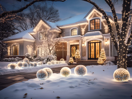 Nighttime of a home exterior transformed into a winter wonderland with dazzling Christmas lights, inflatable snowman, and a magnificent Christmas tree adorned with ornamentsの素材