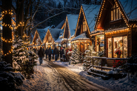 Nighttime in winter wonderland village, houses adorned with Christmas lights and decorations, snow-covered streets bustling with holiday shoppersの素材