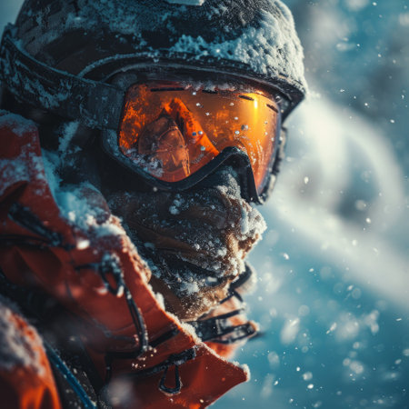 A person in winter gear, wearing an orange jacket and black helmet with orange goggles, is pictured against a snowy mountain landscape.の素材