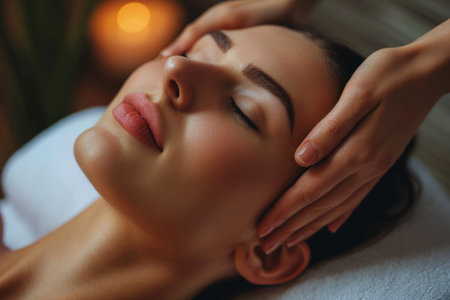 Woman enjoying massage in spa, lying on massage bed with closed eyes during facial massage treatment procedure.の素材
