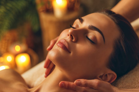 Woman enjoying massage in spa, lying on massage bed with closed eyes during facial massage treatment procedure.の素材