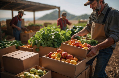 A local agriculture food co-op farm. Members are carrying home boxes with the week's fresh, seasonal produce. Supporting local farms and farmers.の素材