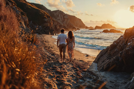 A young couple dressed in bohemian beach wear, embracing on a sandy beach, evoking a sense of summer love.の素材