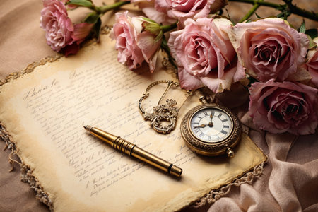 An elegant and nostalgic love letter written in beautiful script, accompanied by a vintage ink pen. Background is a soft, muted color, emphasizing the romantic tradition of handwritten love notesの素材