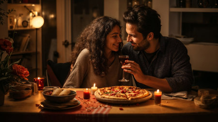 Cozy and inviting scene of a couple sharing a pizza on a romantic date night at home, the pizza placed on a charming checkered cloth, enhancing the intimate and loving atmosphereの素材