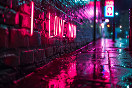 I love you - spelled out in bright, glowing neon letters against a dark, urban brick wall, reflecting on a rain-soaked pavement, vibrant and dramatic, moody and atmospheric lighting.の素材