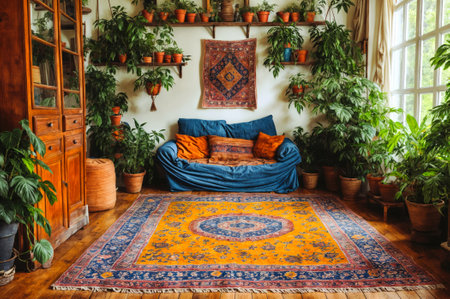 An airy and trendy dining room, bohemian-inspired with a mix of vintage and modern furniture, an eclectic collection of hanging plants and colorful textilesの素材