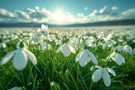 A beautiful field of white snowdrops in full bloom, a symbol of winter's end, under a clear blue sky, vast and serene, vibrant greens and pure whitesの素材