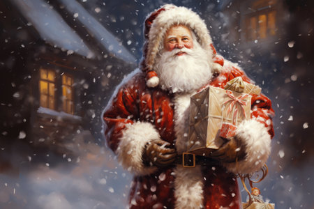 A classic painting of Santa Claus in a traditional red suit, with a sack of toys over his shoulder, set against a snowy backdrop. Christmas illustration digital painting, oil on canvas textureの素材