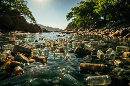 The image shows a rivers surface filled with is heavily polluted with a multitude of plastic bottles and other wasteの素材
