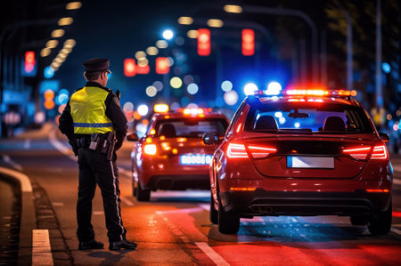Police officers directing traffic flow and managing the aftermath of a road accident, highlighting their role in maintaining order and minimizing disruptions.の素材