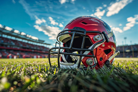 A football helmet at the heart of a stadium, the field sprawling around it, empty seats creating a sense of anticipation for the upcoming game, powerful and evocativeの素材