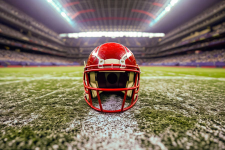 A symbolic scene of a lone football helmet resting on the 50-yard line of a large stadium, stands empty in the background, conveying a sense of quiet before the storm of a gameの素材
