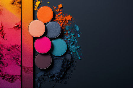 A bold and colorful arrangement of eye shadows crafted, highlighting the texture and hues of the makeup, set against a simple backdrop to emphasize the design, creative and fashionableの素材
