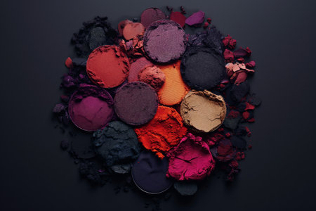 A bold and colorful arrangement of eye shadows crafted, highlighting the texture and hues of the makeup, set against a simple backdrop to emphasize the design, creative and fashionableの素材