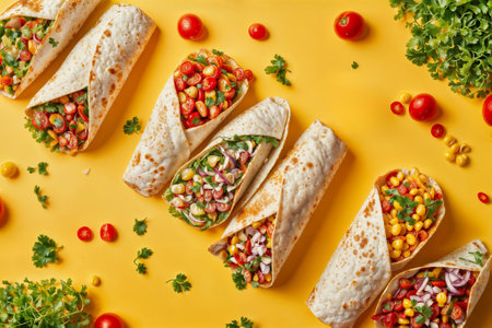 A variety of burritos with different fillings and vegetables scattered around on a yellow background.の素材