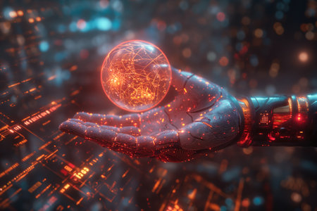 Synergy between artificial intelligence and communication networks. In the foreground, a hand, symbolizing AI, reaches out to touch a holographic globe covered in interconnected lines and glowing dots.の素材