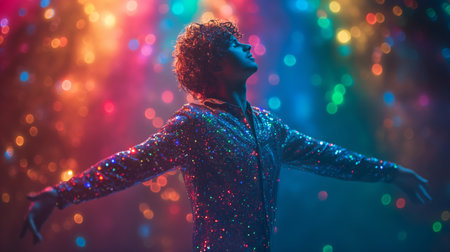 A dancer performing energetically on a disco dance floor, wearing an incredible mirror suit that sparkles brilliantly multicolored under the disco lights.の素材