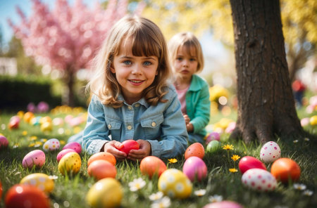 Joyful stock photo of a family Easter egg hunt in a blossoming spring garden, with children searching for colorful eggs among flowers, symbolizing the fun and excitement of the holidayの素材