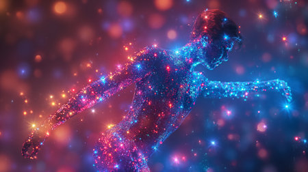 A dancer performing energetically on a disco dance floor, wearing an incredible mirror suit that sparkles brilliantly multicolored under the disco lights.の素材