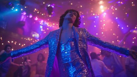 A dancer performing energetically on a disco dance floor, wearing an incredible mirror suit that sparkles brilliantly multicolored under the disco lights.の素材