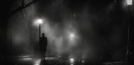 A noir-inspired cinematic scene with a detective discreetly following a suspect at night. The setting is an urban landscape, dimly lit by street lamps. Tension and mystery of surveillance.の素材