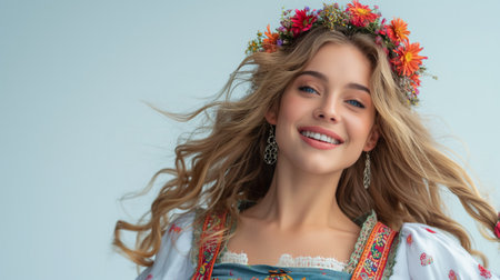 Festive scene of a woman celebrating Oktoberfest. She is wearing a traditional dirndl, dancing or twirling, with accessories like a flower crown and beer stein.の素材