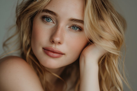 A beautiful woman with blue eyes and blonde hair poses for a portrait. She has her head resting on her left arm and a slight smile on her lips.の素材
