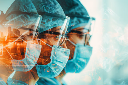 A double exposure image of surgery staff and a hospitalの素材