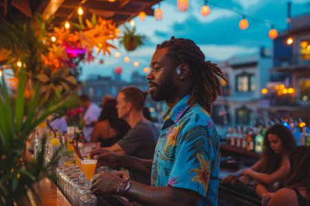 A charismatic bartender wearing a blue Hawaiian shirt at a vibrant city rooftop bar with a tropical theme.の素材