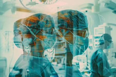 A double exposure image of surgery staff and a hospitalの素材