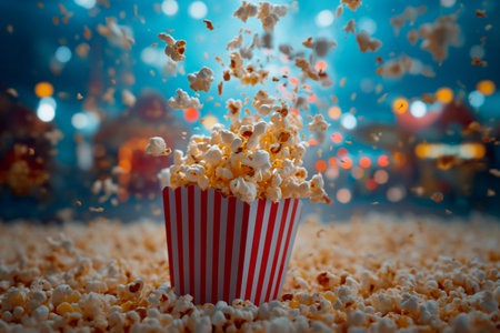 Delicious popcorn explosion from a classic red and white striped carton boxの素材