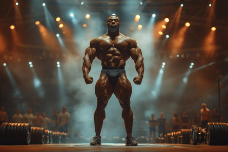 A bodybuilder on a competition stage, striking a classic bodybuilding pose.の素材