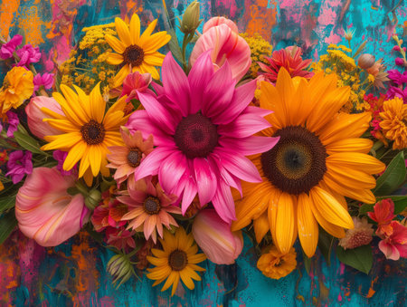 A vibrant bouquet of flowers: pink, orange, yellow, red, and blue. Detailed and visually captivating, expressing vitality.の素材