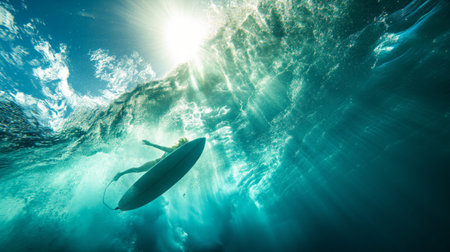 Surfer underwater with sunlight above.の素材
