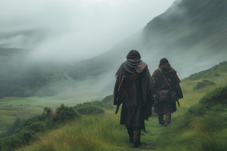 Celtic warriors in traditional garb, amidst misty highlands, historical ambianceの素材