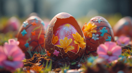 Painted Easter eggs in cracked chocolate shells, surprise gift hunt conceptの素材