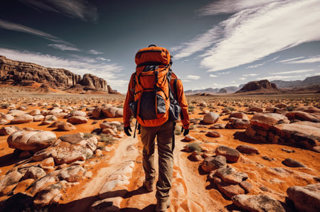 A hiker in a desert landscape walking on a sandy trail with scattered rocks, viewed from behind.の素材