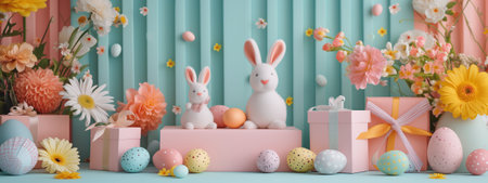 Easter banner, showcasing vibrant pastel gift boxes and an open gift filled with decorative rabbits, Easter eggs, and flowers.の素材