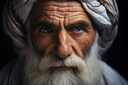 An elderly Arabian man wearing a white turban on his head.の素材