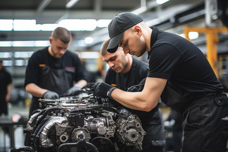 Two men actively engaged in working on an engine in a factory setting, using mechanical tools and equipment.の素材