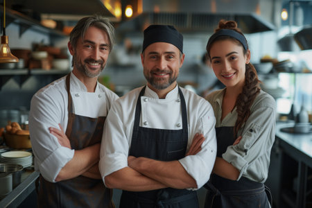 Three chefs in a kitchen smiling, with crossed arms.の素材