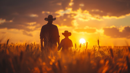 A man and child enjoy a serene walk through a vast field under a vibrant sunset.の素材