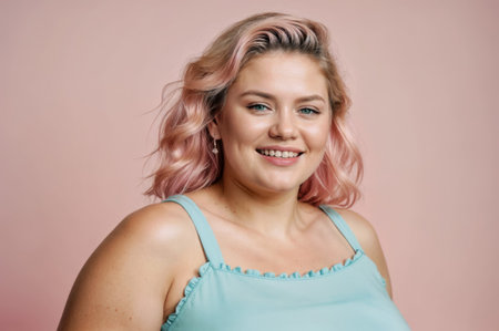 Radiant Young Woman With Pastel Pink Hair Smiling Gently in Softly Lit Studioの素材