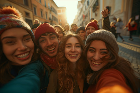 A group of friends standing closely together, posing for a photo.の素材