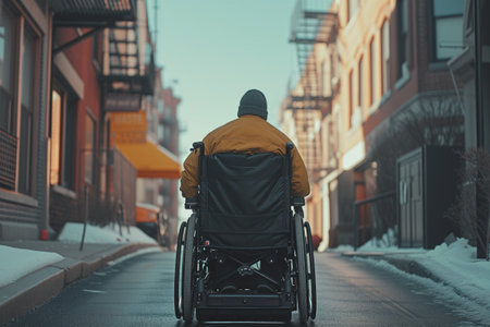 A man in a wheelchair navigates a snowy street, showing his resilience and determination.の素材